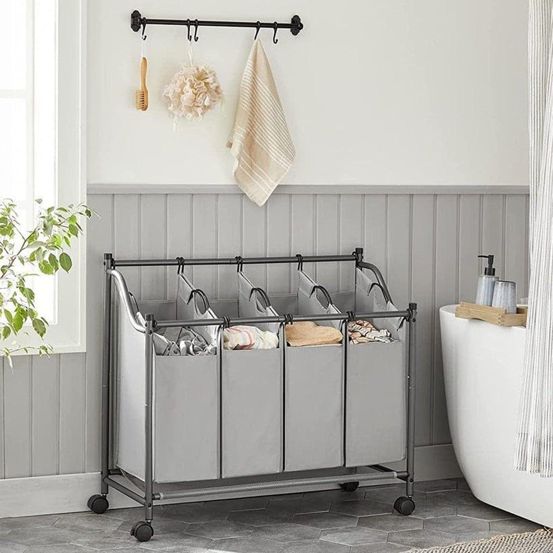 Szennyeskosár görgőkkel 4 x 35L, 4 kivehető táskával, szürke-VASBÚTOR