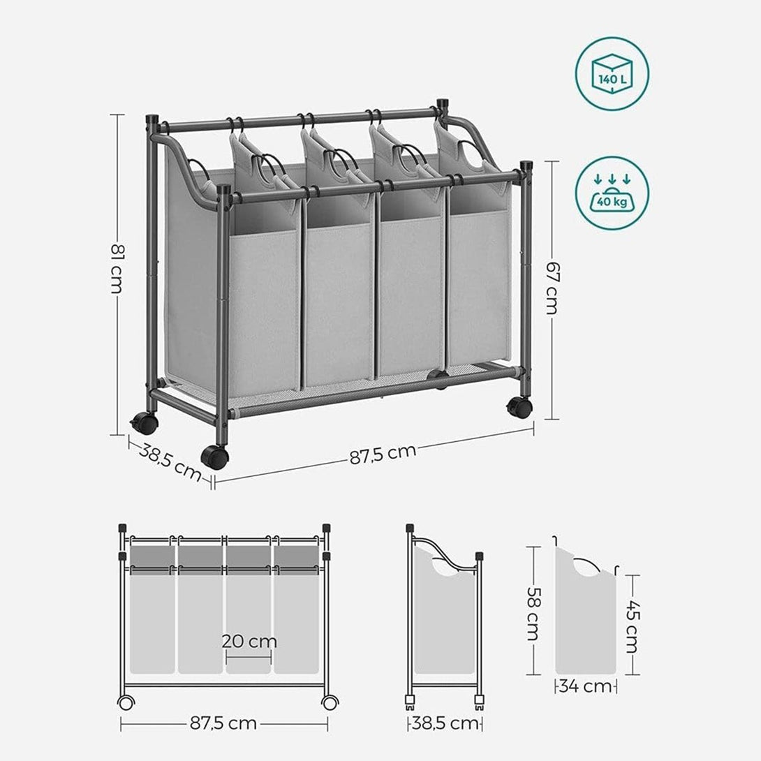 Szennyeskosár görgőkkel 4 x 35L, 4 kivehető táskával, szürke-VASBÚTOR