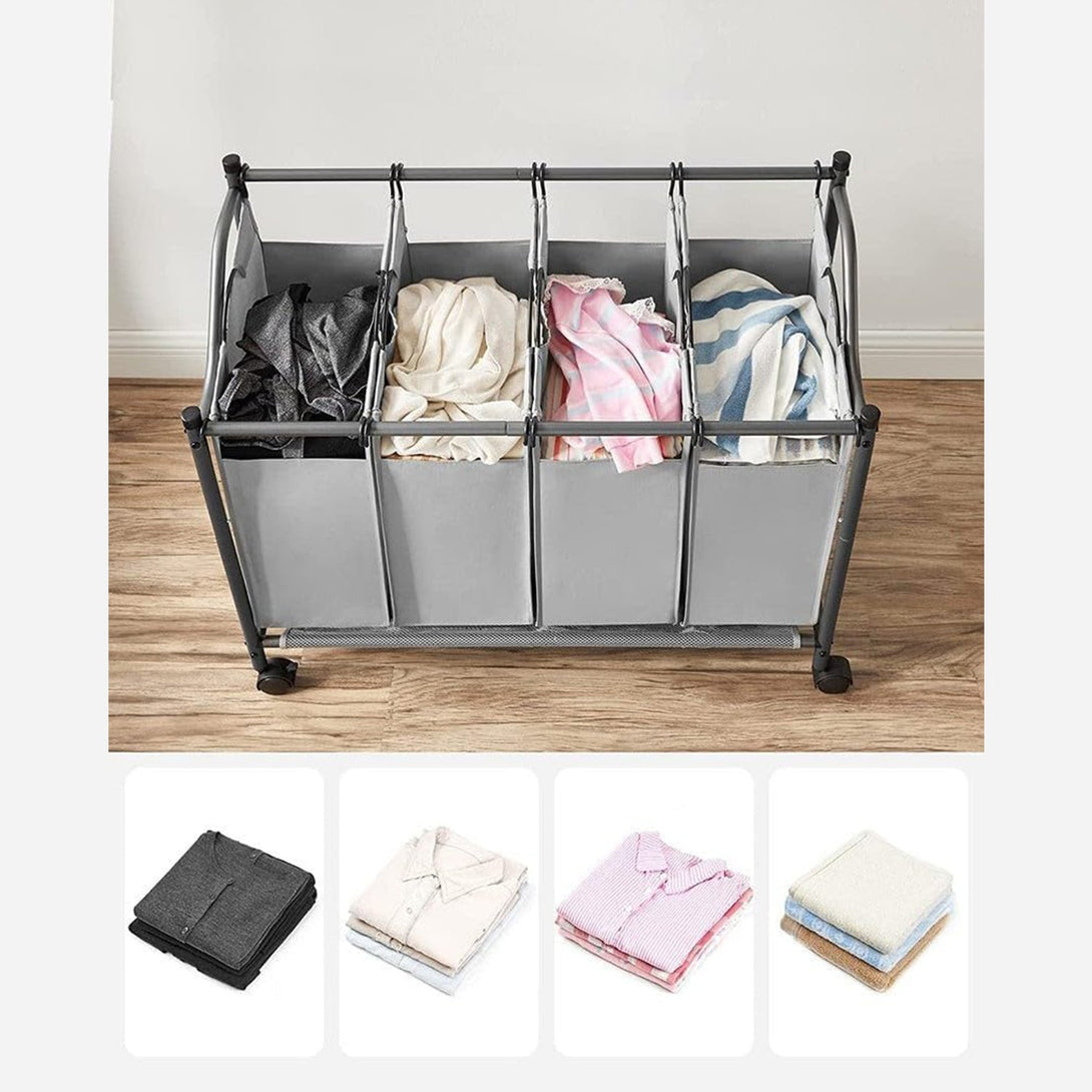 Szennyeskosár görgőkkel 4 x 35L, 4 kivehető táskával, szürke-VASBÚTOR
