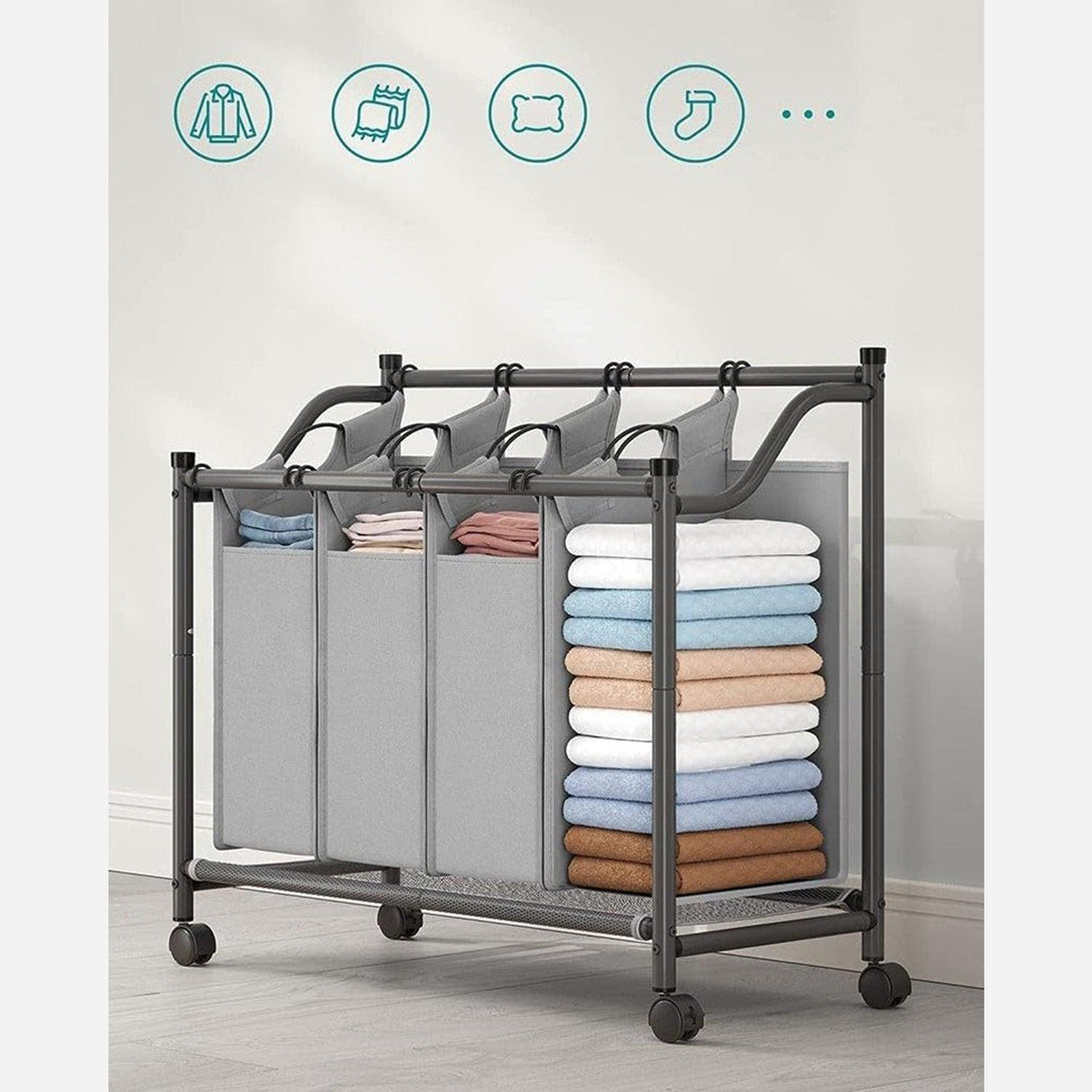 Szennyeskosár görgőkkel 4 x 35L, 4 kivehető táskával, szürke-VASBÚTOR