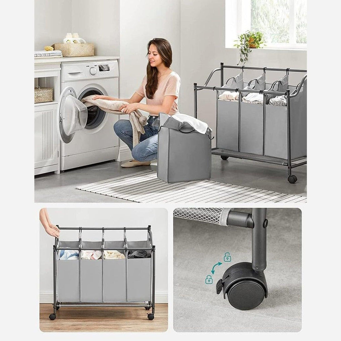 Szennyeskosár görgőkkel 4 x 35L, 4 kivehető táskával, szürke-VASBÚTOR