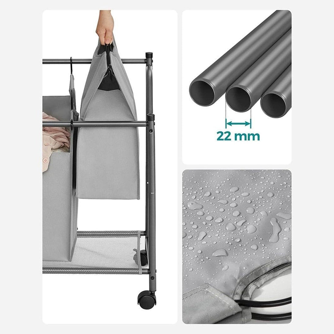 Szennyeskosár görgőkkel 4 x 35L, 4 kivehető táskával, szürke-VASBÚTOR