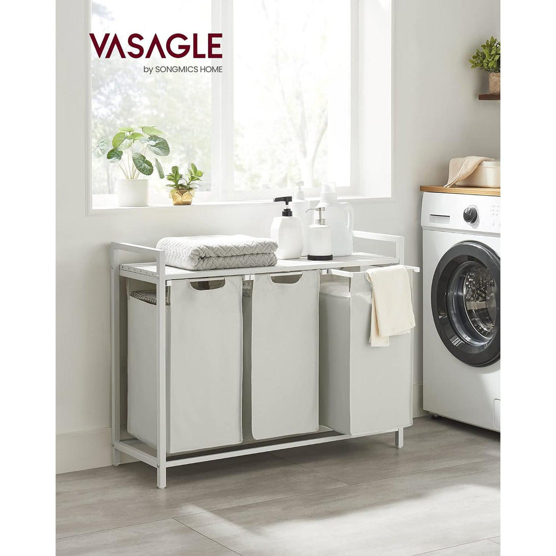 Szennyestartó, 3 rekeszes szennyeskosár fém kerettel, fehér-outlet-VASBÚTOR