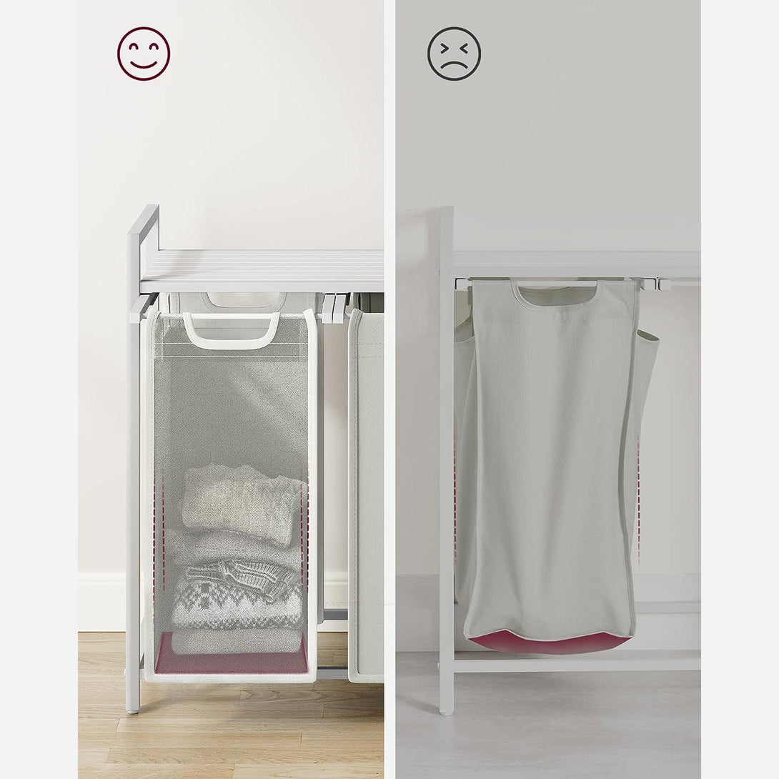 Szennyestartó, 3 rekeszes szennyeskosár fém kerettel, fehér-outlet-VASBÚTOR