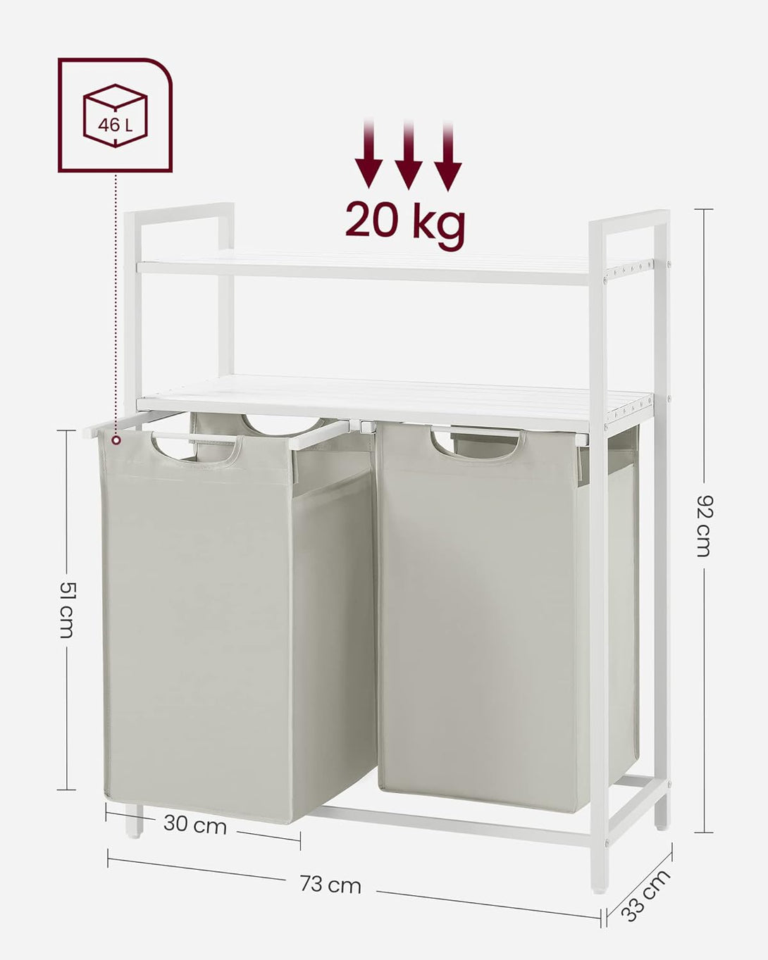 Szennyestartó, szennyeskosár két polccal, 2 x 46L, fehér-VASBÚTOR