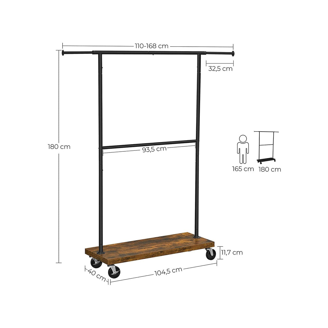 Szobainas kerekeken, Kihúzható ruhaállvány (110-168) x 180 x 40 cm, rusztikus barna, fekete-VASBÚTOR