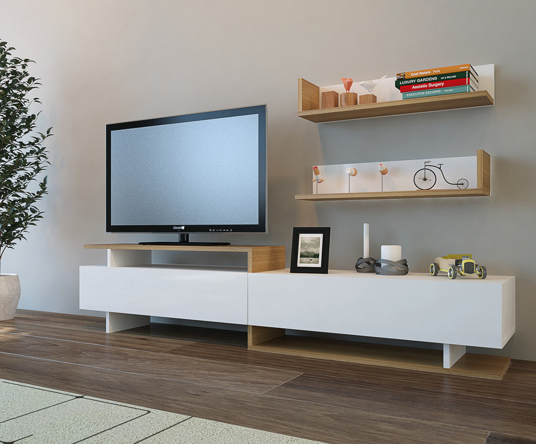 TV szekrény Ayaz - White, Teak-VASBÚTOR