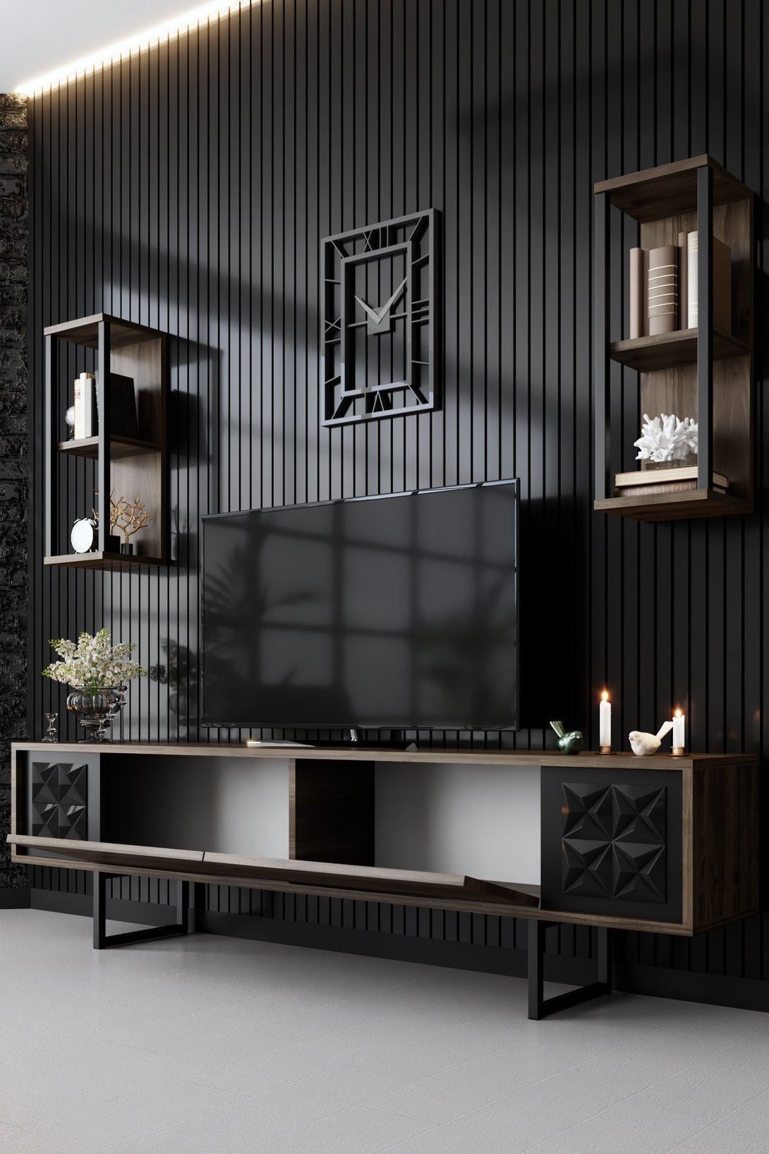 TV szekrény Black Line - Walnut, Black-VASBÚTOR