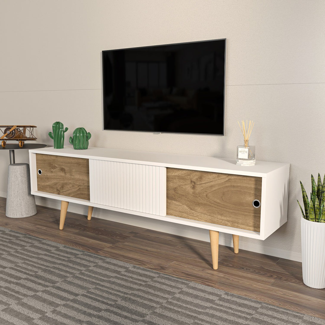TV szekrény Ecrin - White, Walnut-VASBÚTOR