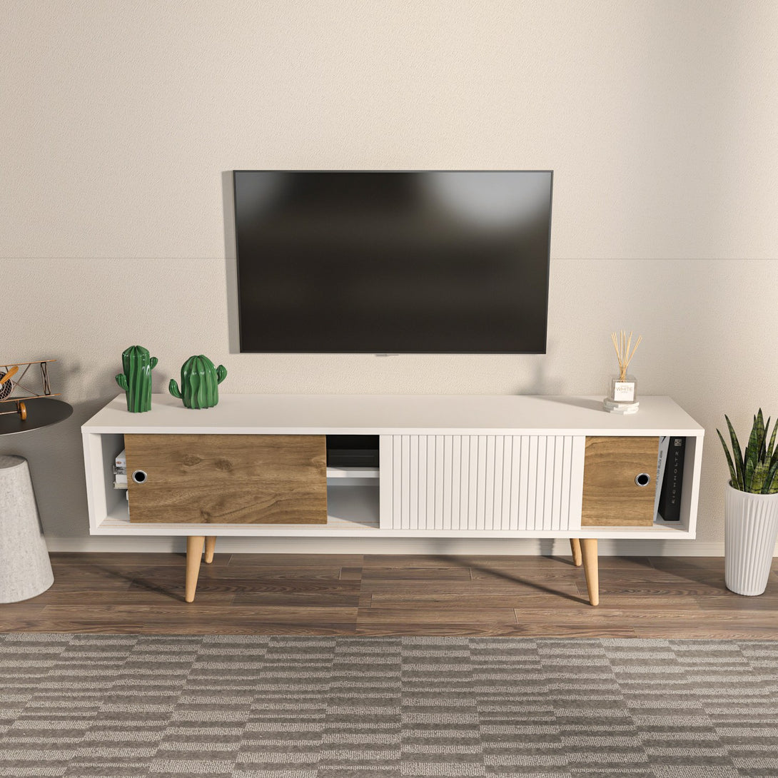 TV szekrény Ecrin - White, Walnut-VASBÚTOR