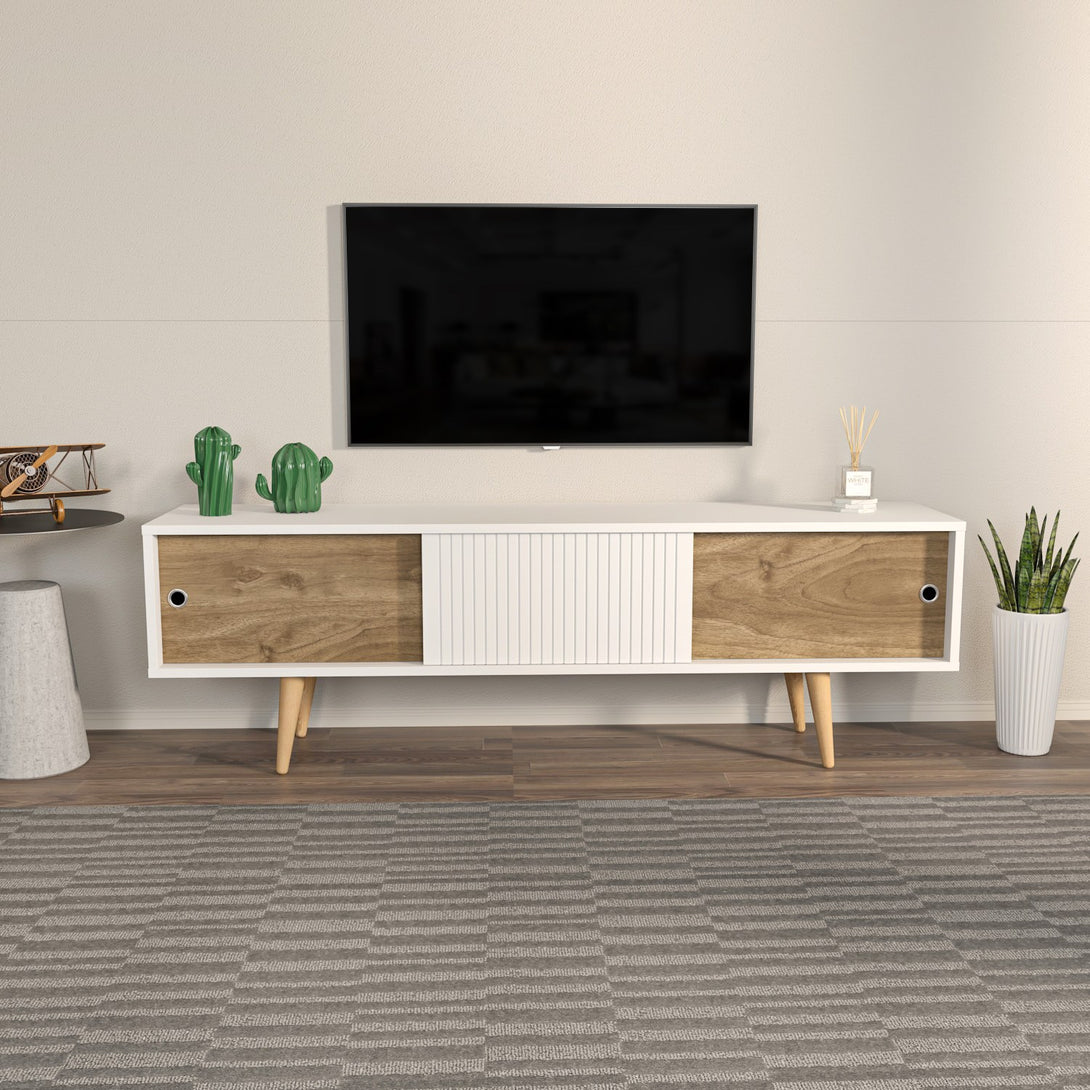 TV szekrény Ecrin - White, Walnut-VASBÚTOR