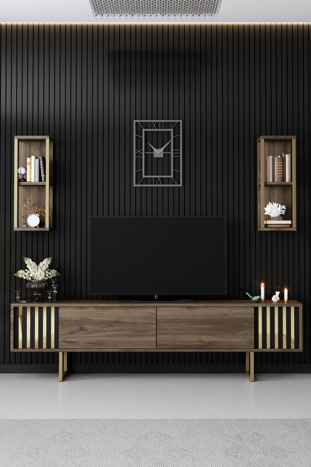 TV szekrény Gold Line - Walnut, Black-VASBÚTOR