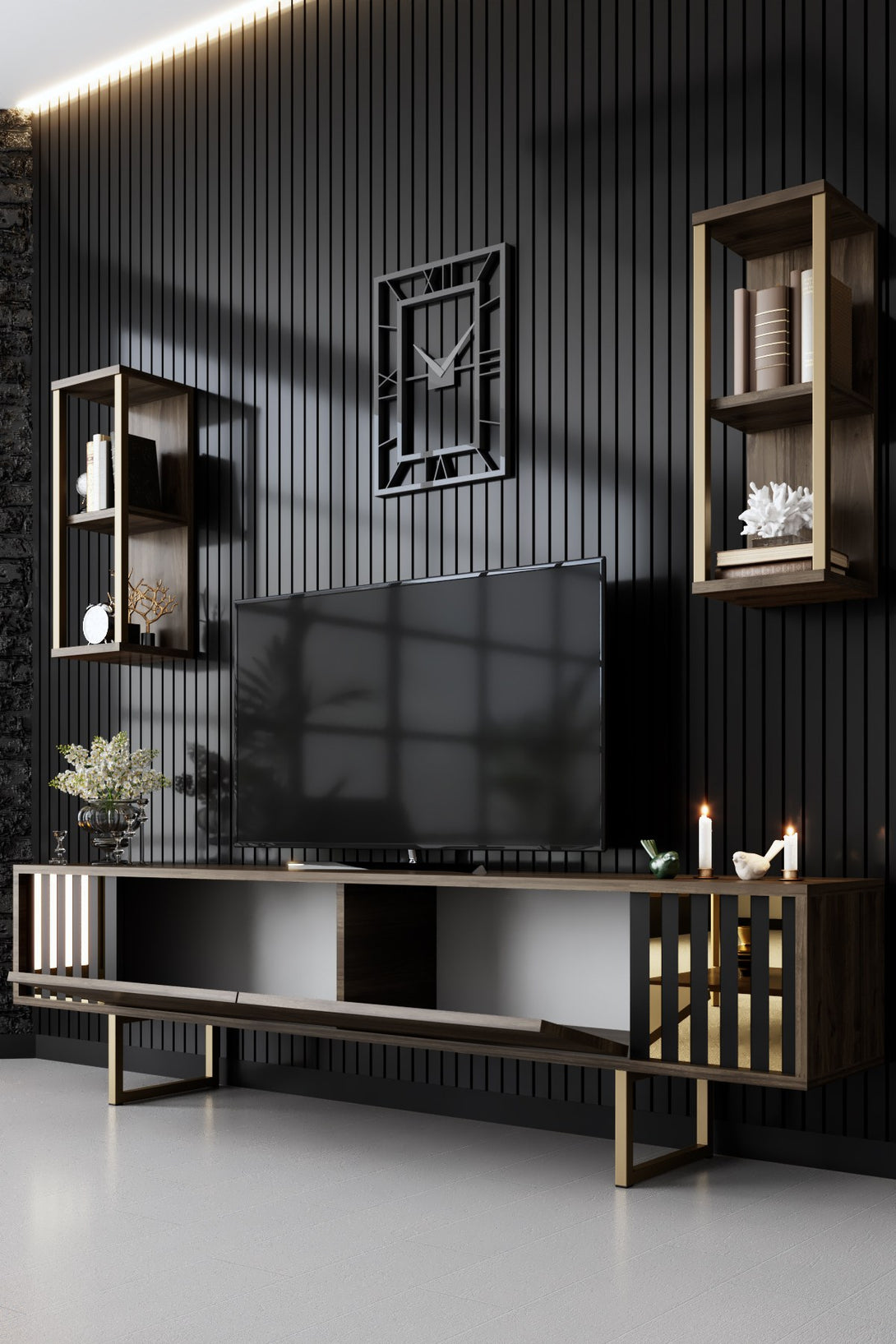 TV szekrény Gold Line - Walnut, Black-VASBÚTOR