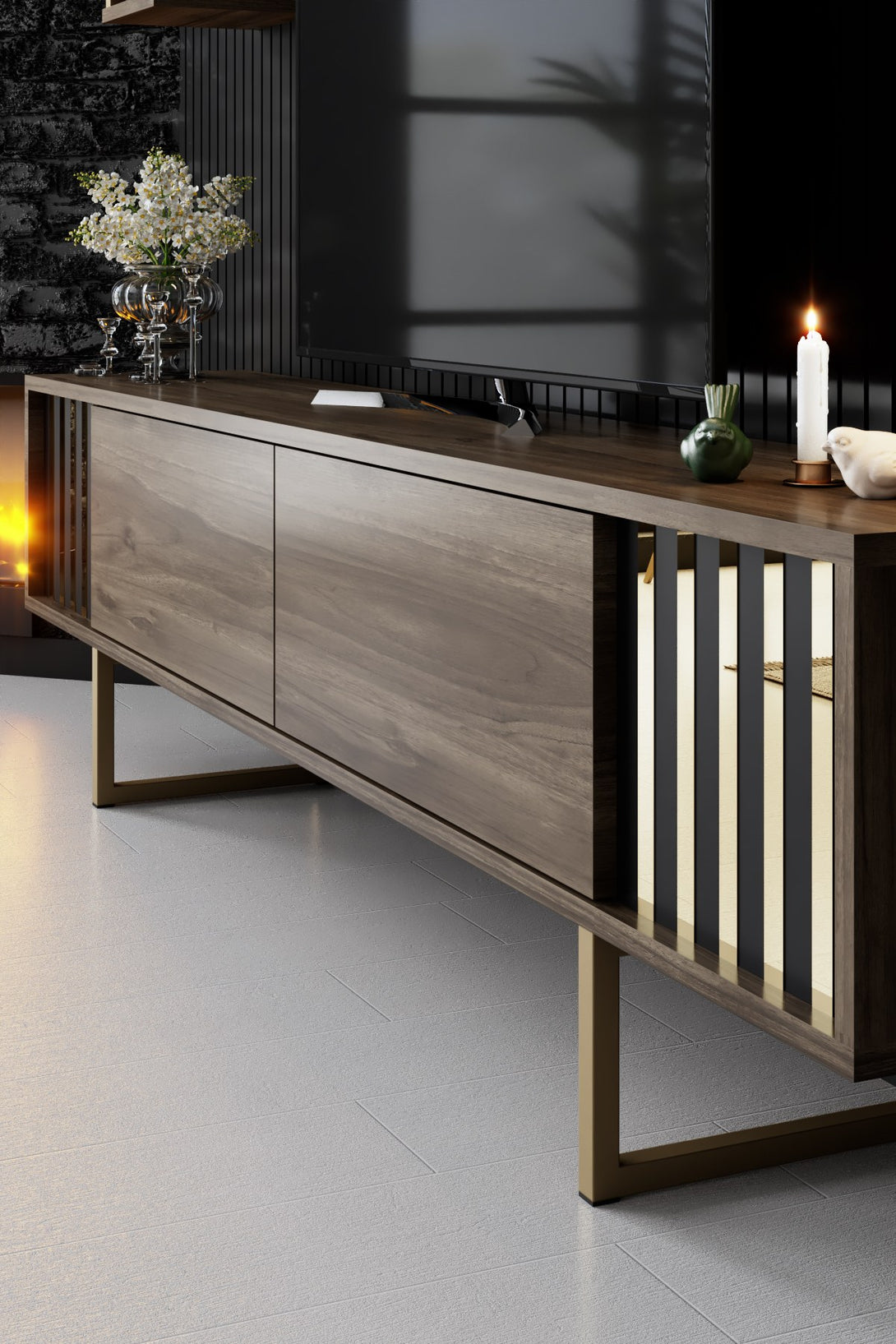 TV szekrény Gold Line - Walnut, Black-VASBÚTOR