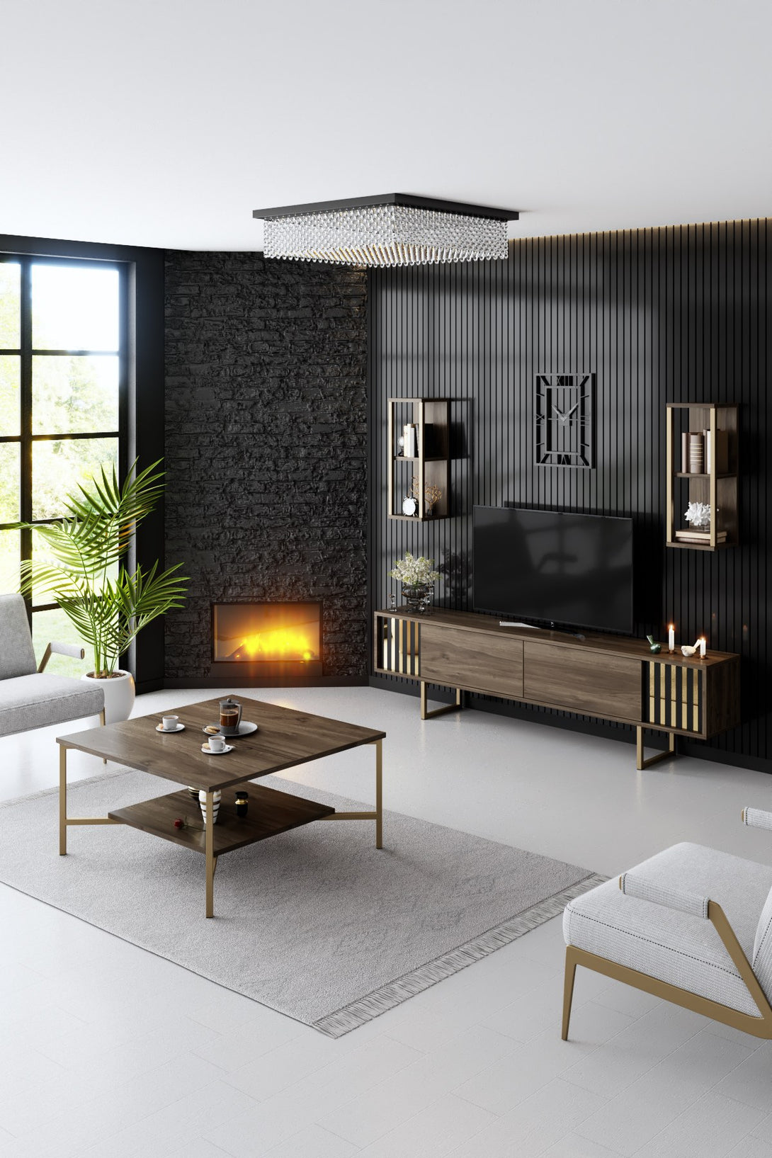 TV szekrény Gold Line - Walnut, Black-VASBÚTOR