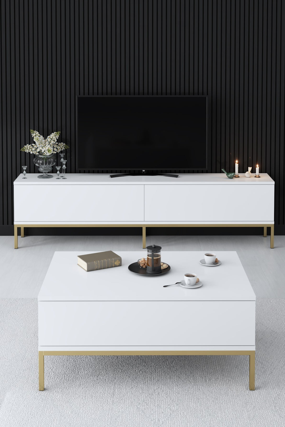 TV szekrény Lord - White, Gold-VASBÚTOR