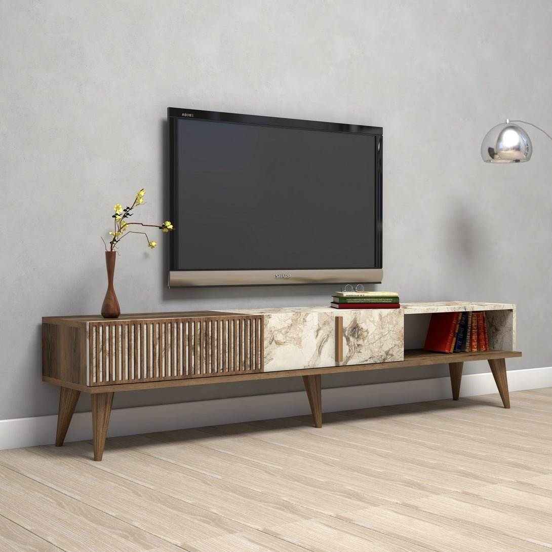 TV szekrény Milan - Diós, Fehér Marble-VASBÚTOR