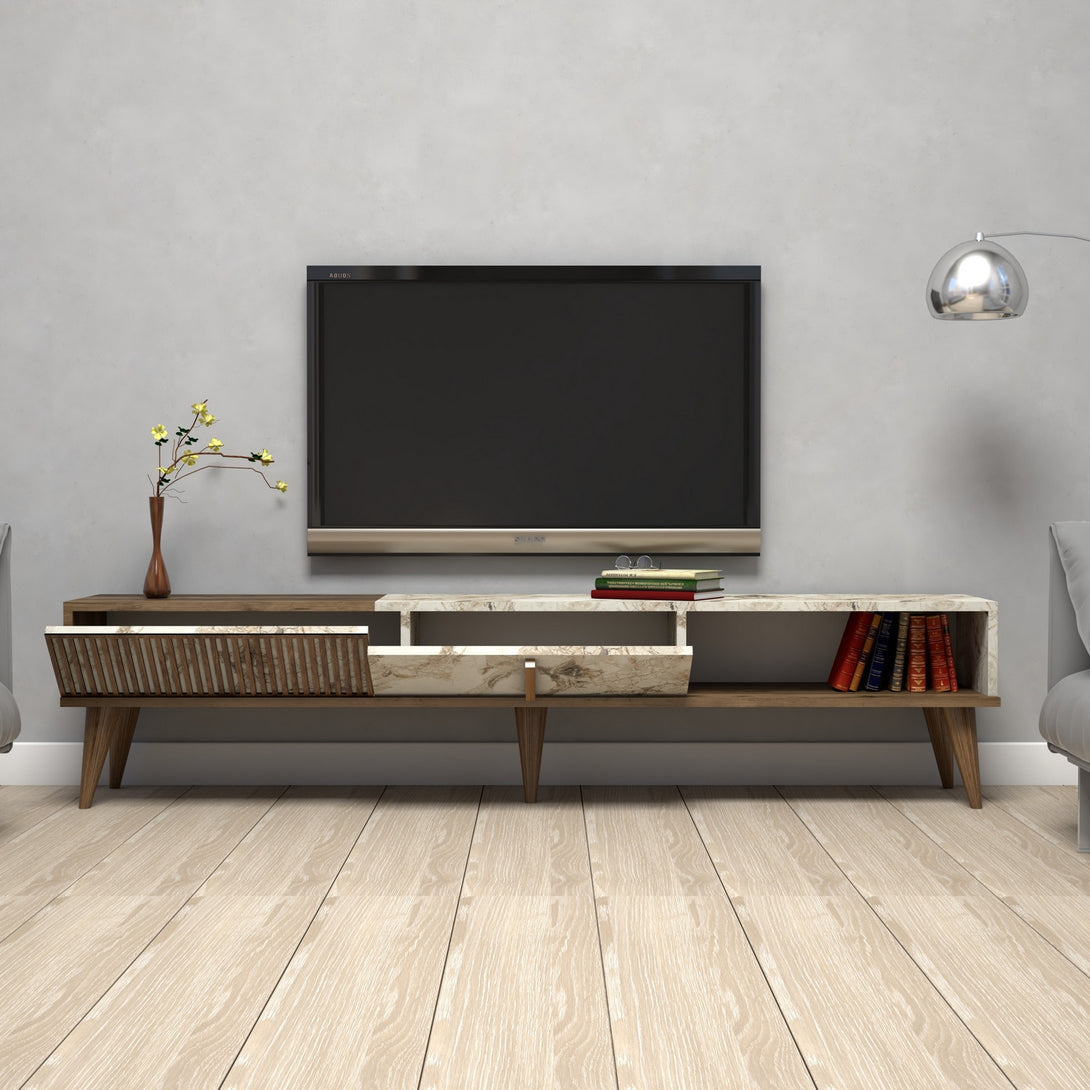 TV szekrény Milan - Diós, Fehér Marble-VASBÚTOR