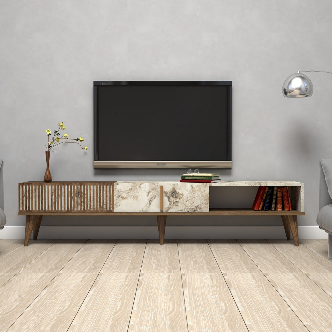 TV szekrény Milan - Diós, Fehér Marble-VASBÚTOR