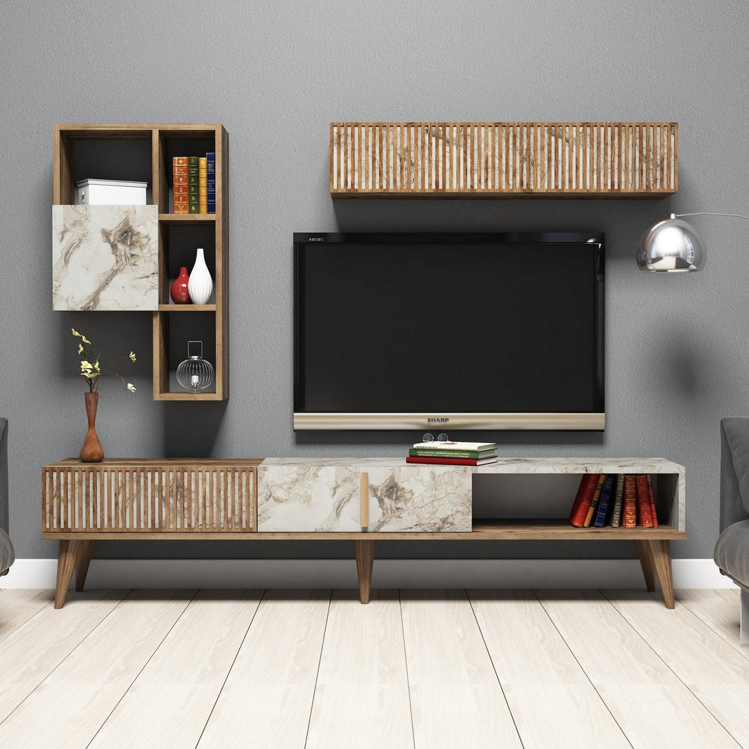 TV szekrény Milan - Walnut, White Marble-VASBÚTOR