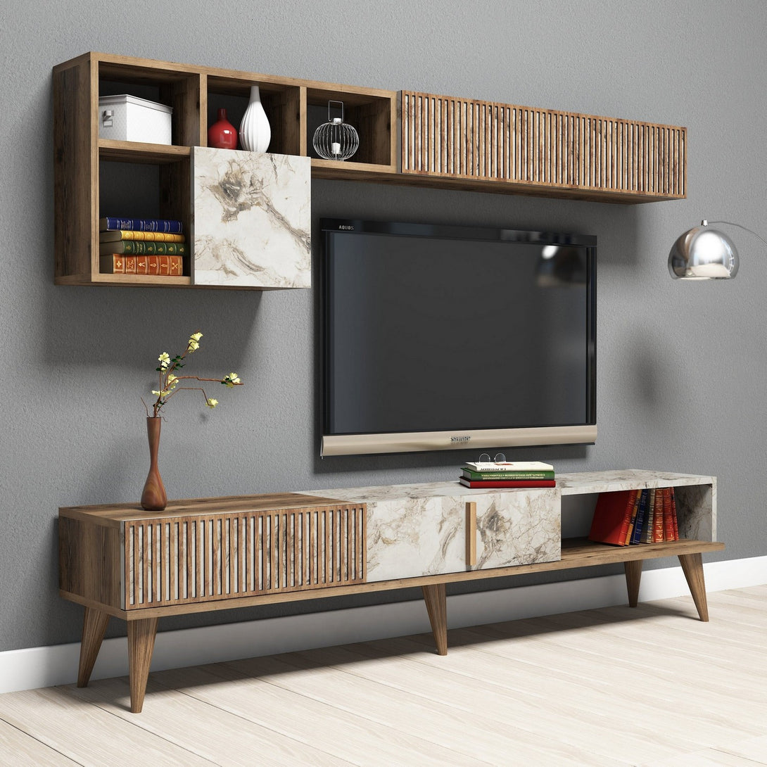 TV szekrény Milan - Walnut, White Marble-VASBÚTOR