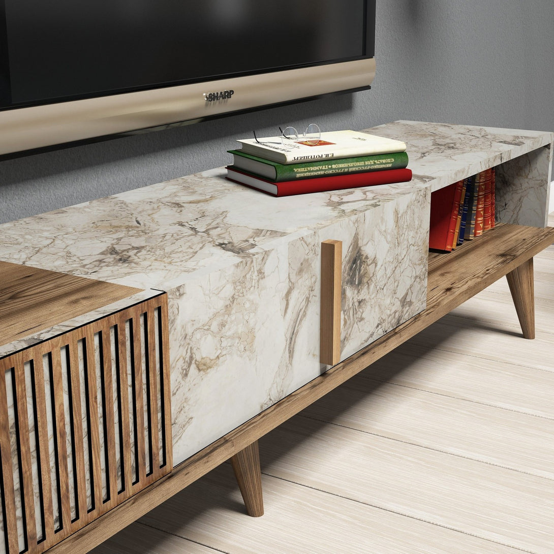 TV szekrény Milan - Walnut, White Marble-VASBÚTOR