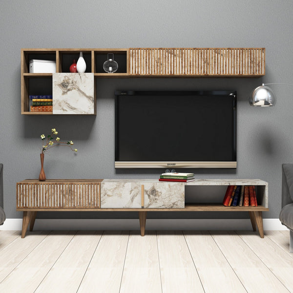 TV szekrény Milan - Walnut, White Marble-VASBÚTOR