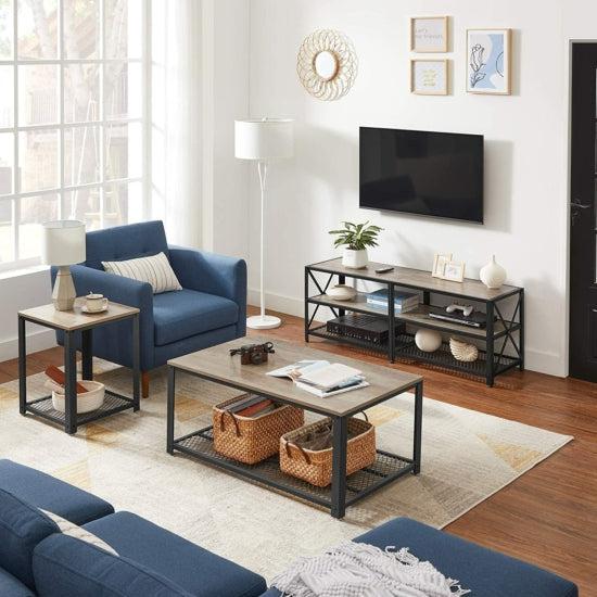 TV szekreny, TV-asztal polcokkal, acélkerettel, 140 x 52 x 39 cm, greige és fekete-VASBÚTOR
