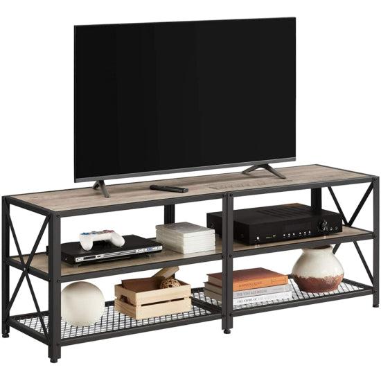 TV szekreny, TV-asztal polcokkal, acélkerettel, 140 x 52 x 39 cm, greige és fekete-VASBÚTOR