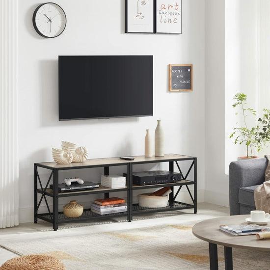 TV szekreny, TV-asztal polcokkal, acélkerettel, 140 x 52 x 39 cm, greige és fekete-VASBÚTOR