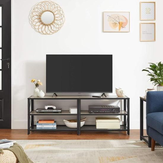 TV szekreny, TV-asztal polcokkal, acélkerettel, 140 x 52 x 39 cm, greige és fekete-VASBÚTOR