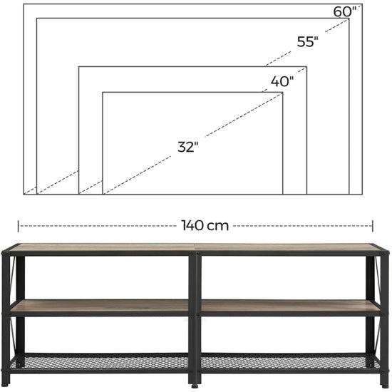 TV szekreny, TV-asztal polcokkal, acélkerettel, 140 x 52 x 39 cm, greige és fekete-VASBÚTOR