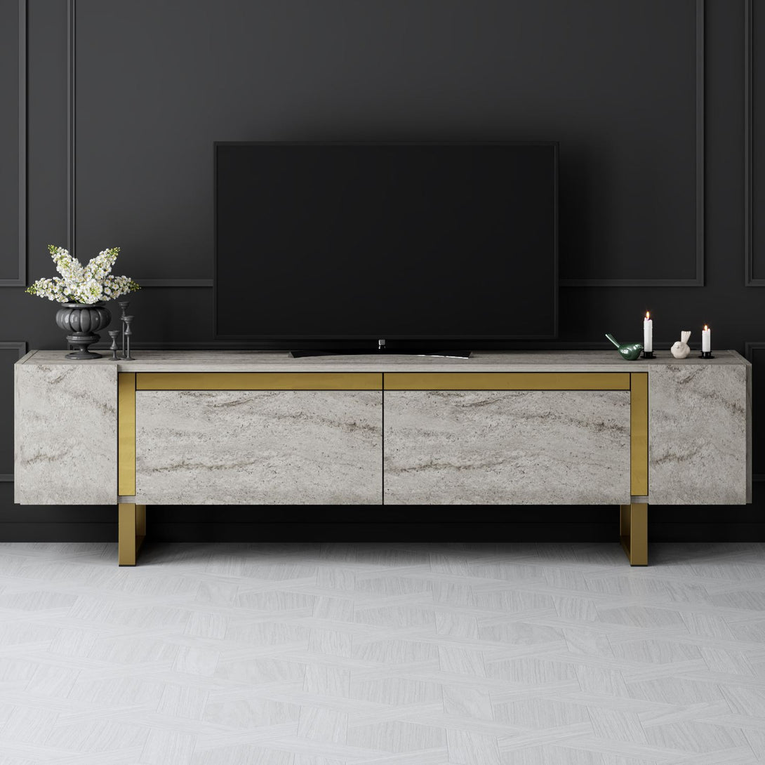 TV szekrény Yildiz - Travertine, Gold-VASBÚTOR