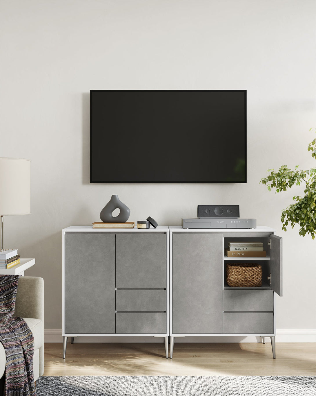 Tárolószekrény 2 fiókkal, 2 rekeszes ajtókkal és állítható magasságú polcokkal, modern, 40 x 70 x 85 cm, betonszürke-VASBÚTOR