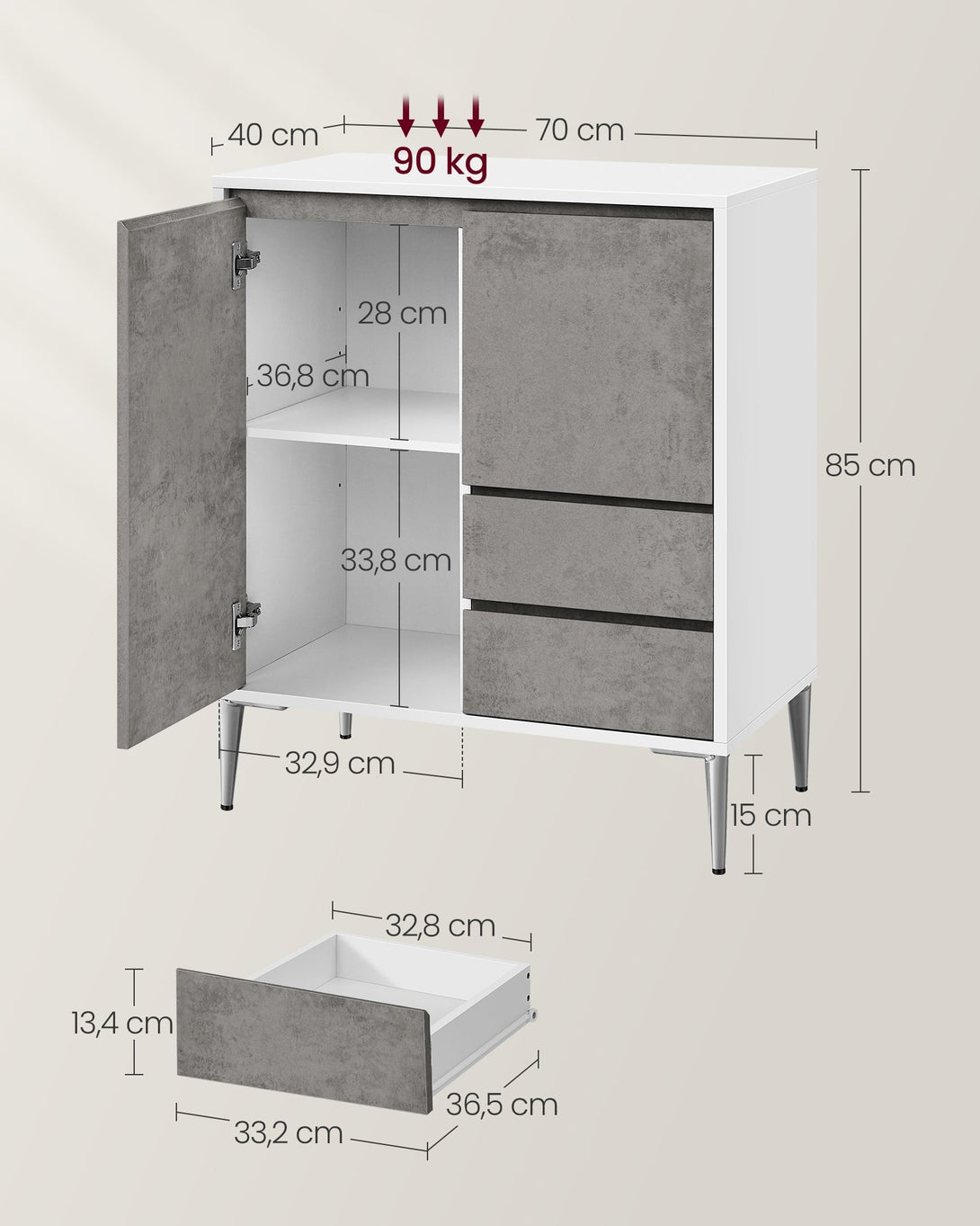 Tárolószekrény 2 fiókkal, 2 rekeszes ajtókkal és állítható magasságú polcokkal, modern, 40 x 70 x 85 cm, betonszürke-VASBÚTOR