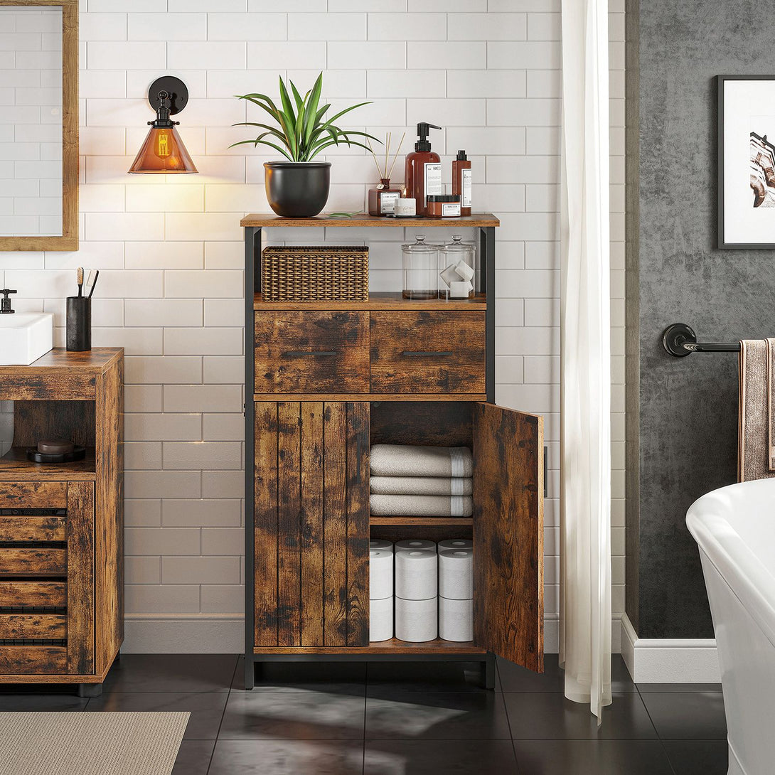 Tárolószekrény, komód fiókkal és állítható polccal – rusztikus barna–fekete színben-VASBÚTOR