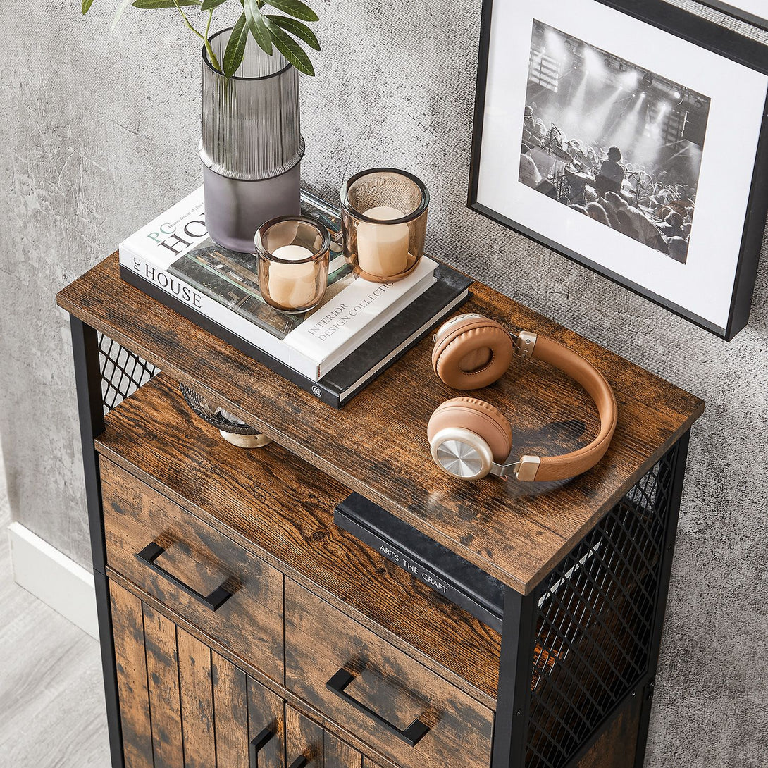 Tárolószekrény, komód fiókkal és állítható polccal – rusztikus barna–fekete színben-VASBÚTOR