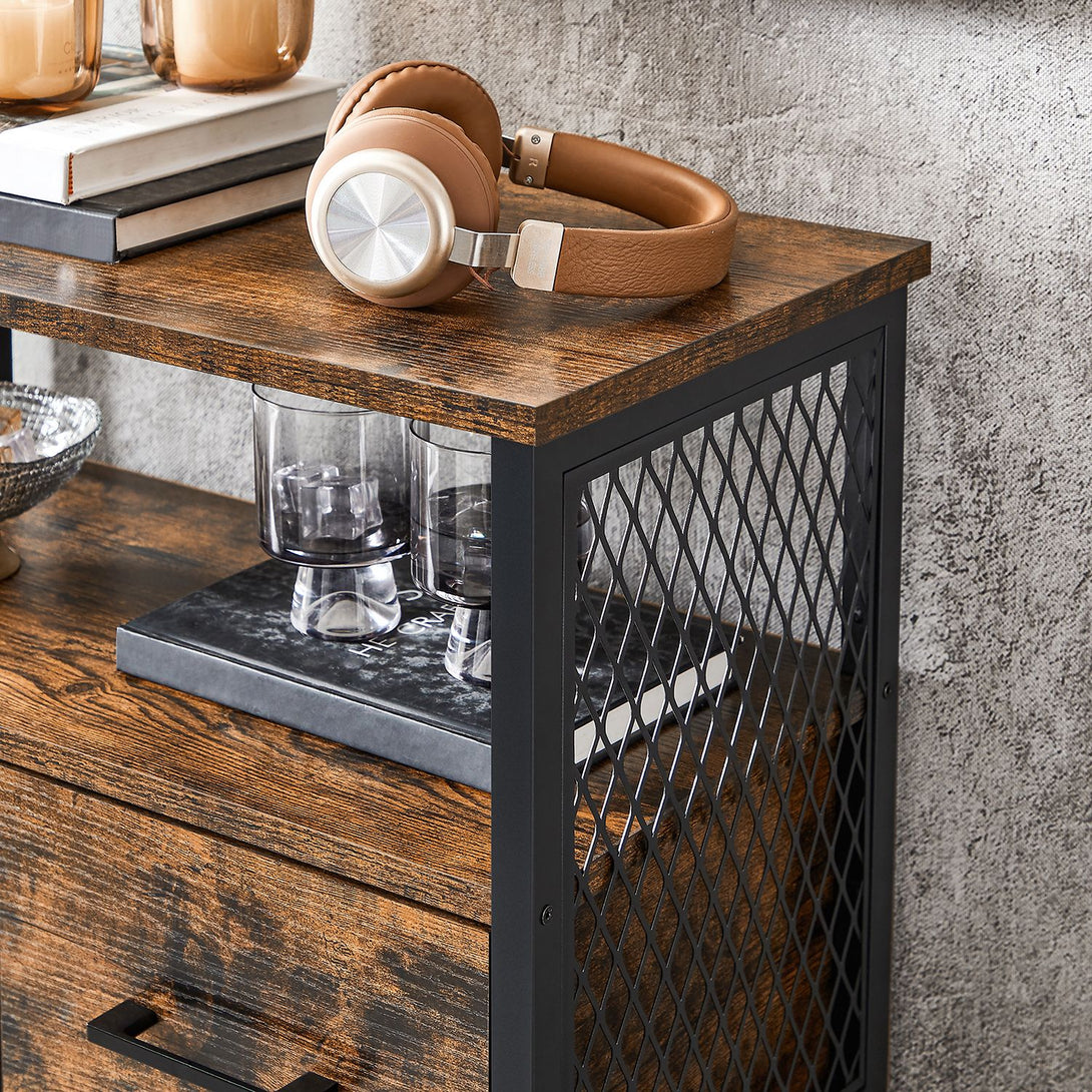 Tárolószekrény, komód fiókkal és állítható polccal – rusztikus barna–fekete színben-VASBÚTOR