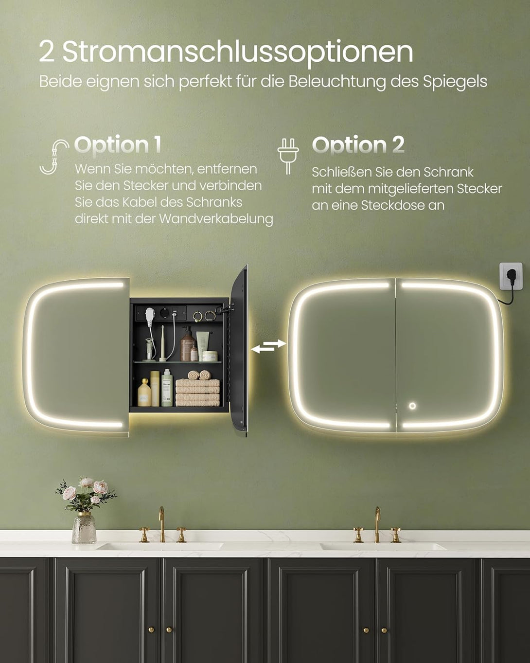 Tükörszekrény világítással, Fali szekrény, AC csatlakozóval és 2 USB porttal, fekete Outlet-VASBÚTOR