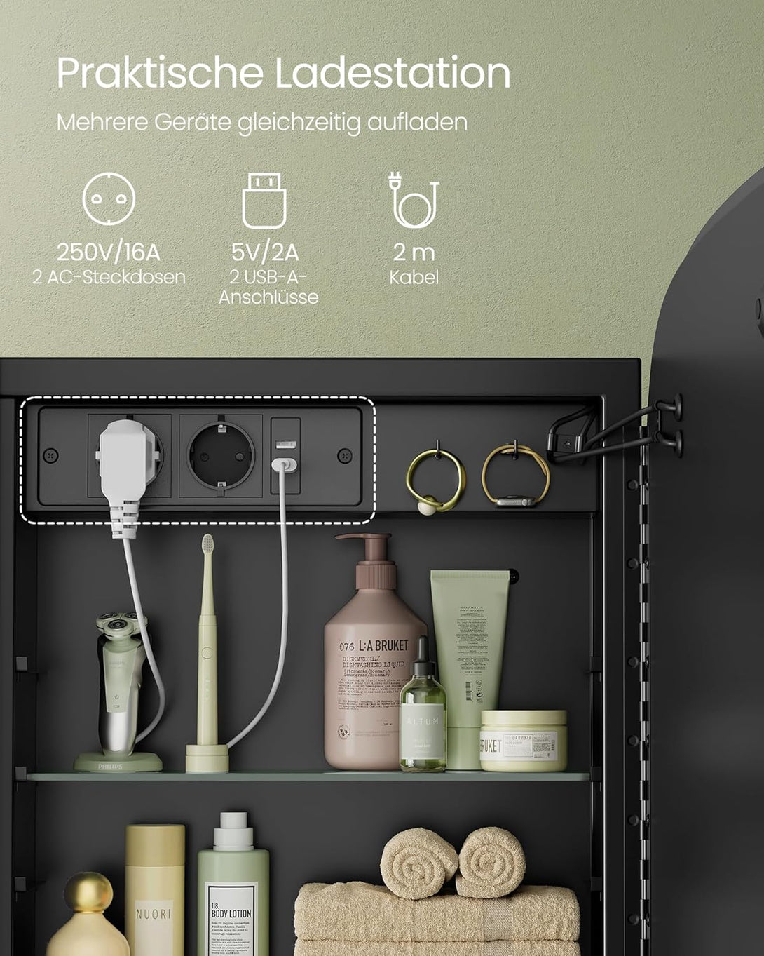 Tükörszekrény világítással, Fali szekrény, AC csatlakozóval és 2 USB porttal, fekete Outlet-VASBÚTOR