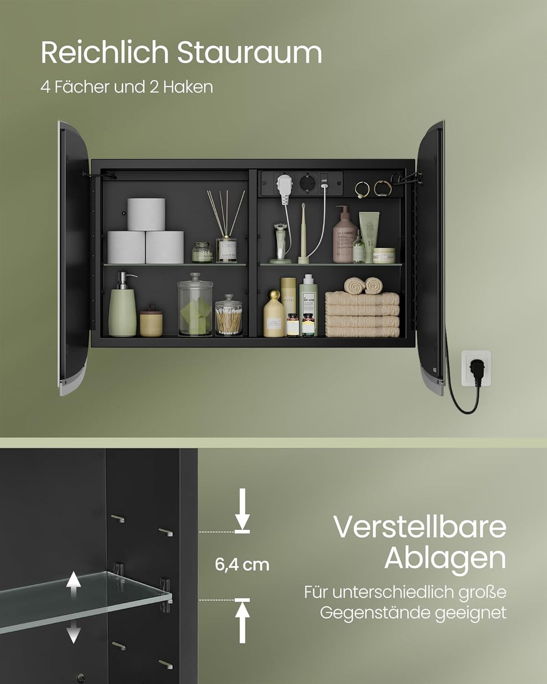 Tükörszekrény világítással, Fali szekrény, AC csatlakozóval és 2 USB porttal, fekete Outlet-VASBÚTOR