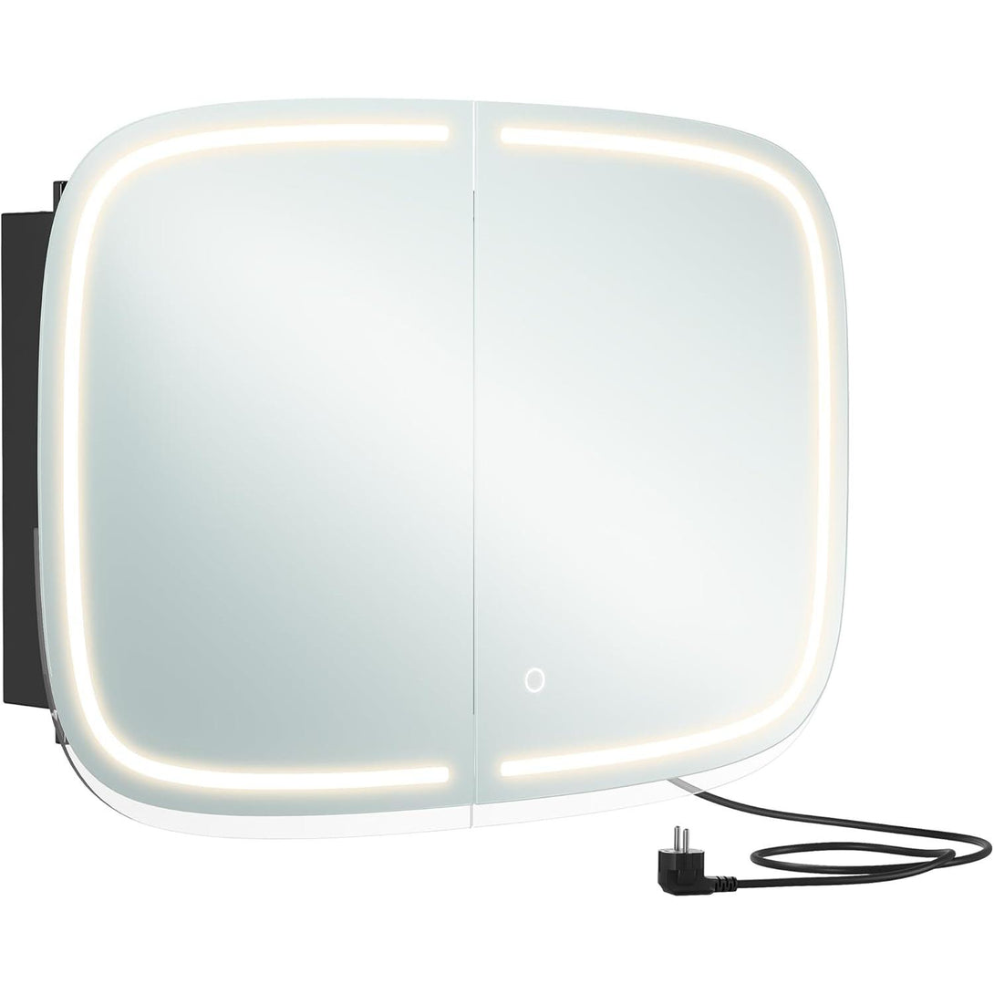 Tükörszekrény világítással, Fali szekrény, AC csatlakozóval és 2 USB porttal, fekete Outlet-VASBÚTOR