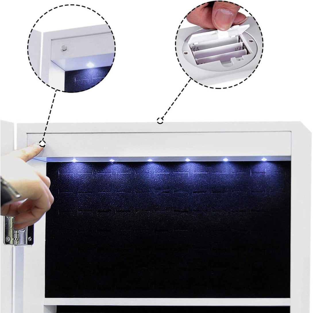 Tükrös ékszerszekrény kerekekkel és LED világítással, zárható, fehér-VASBÚTOR