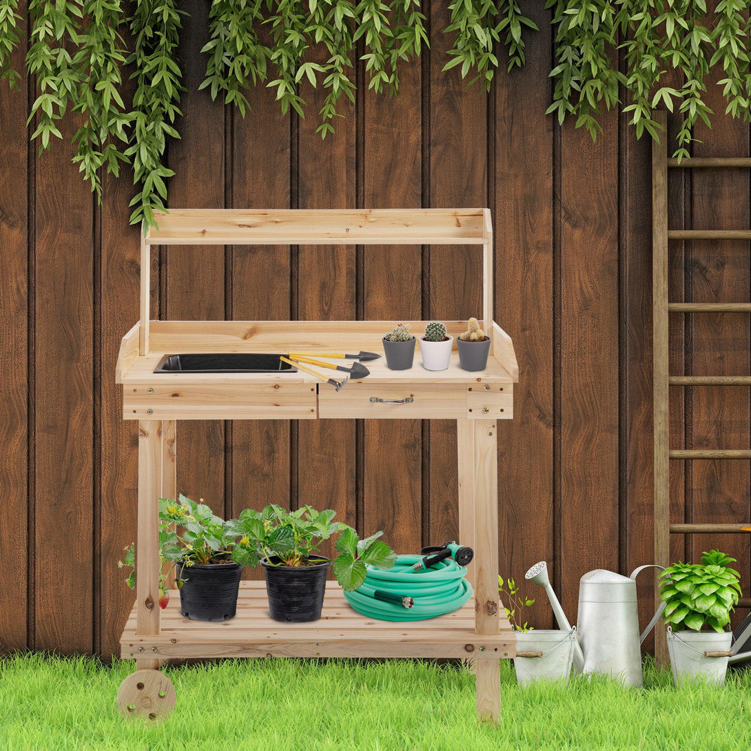 Ültetőasztal fiókkal, 2 szintes kertészasztal mosdókagylóval és kerekekkel 92x45x119 cm-VASBÚTOR