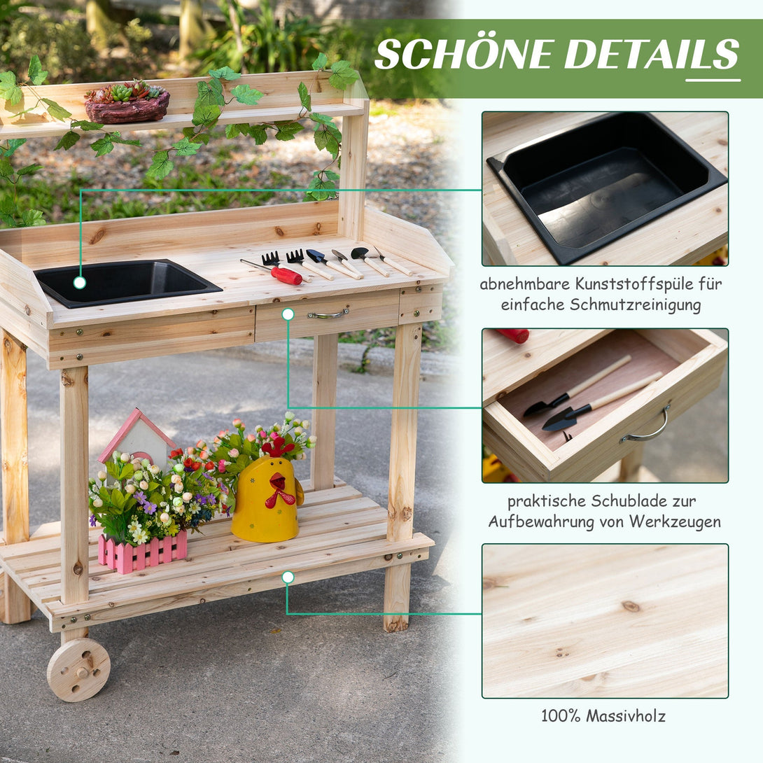 Ültetőasztal fiókkal, 2 szintes kertészasztal mosdókagylóval és kerekekkel 92x45x119 cm-VASBÚTOR