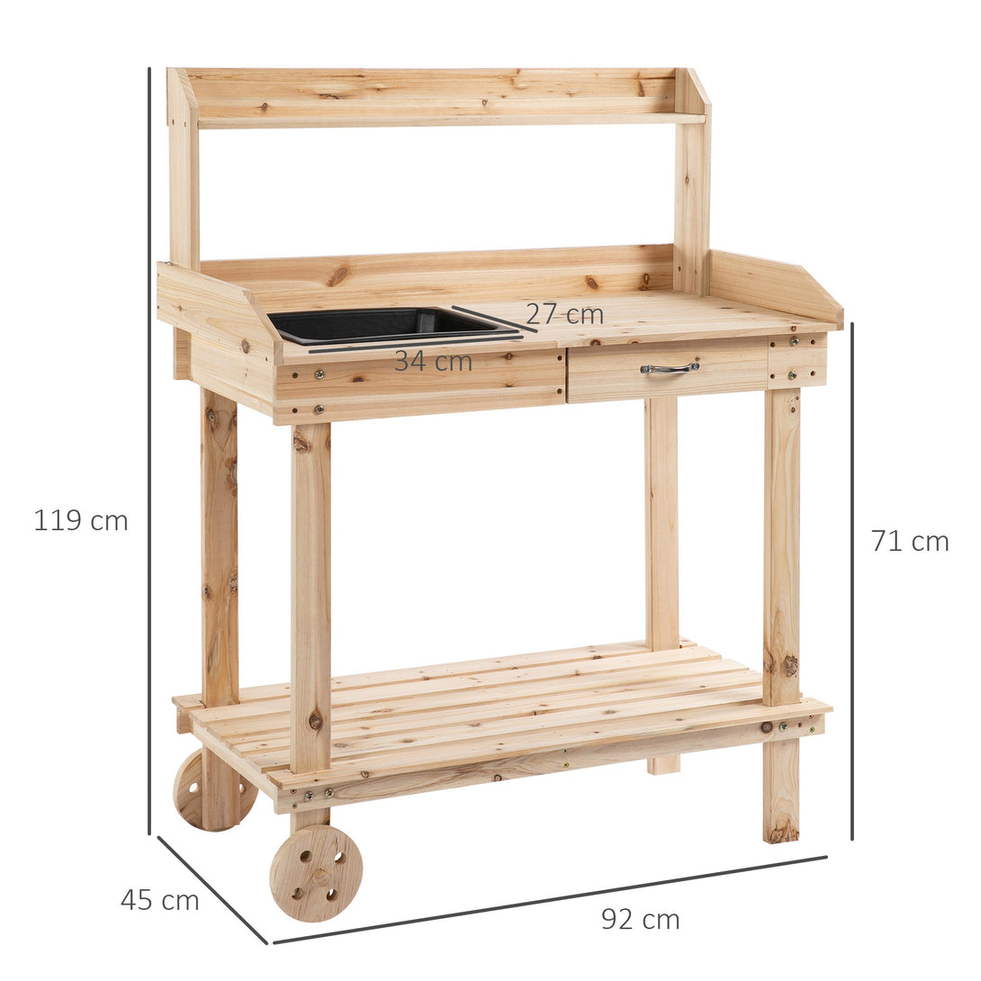 Ültetőasztal fiókkal, 2 szintes kertészasztal mosdókagylóval és kerekekkel 92x45x119 cm-VASBÚTOR