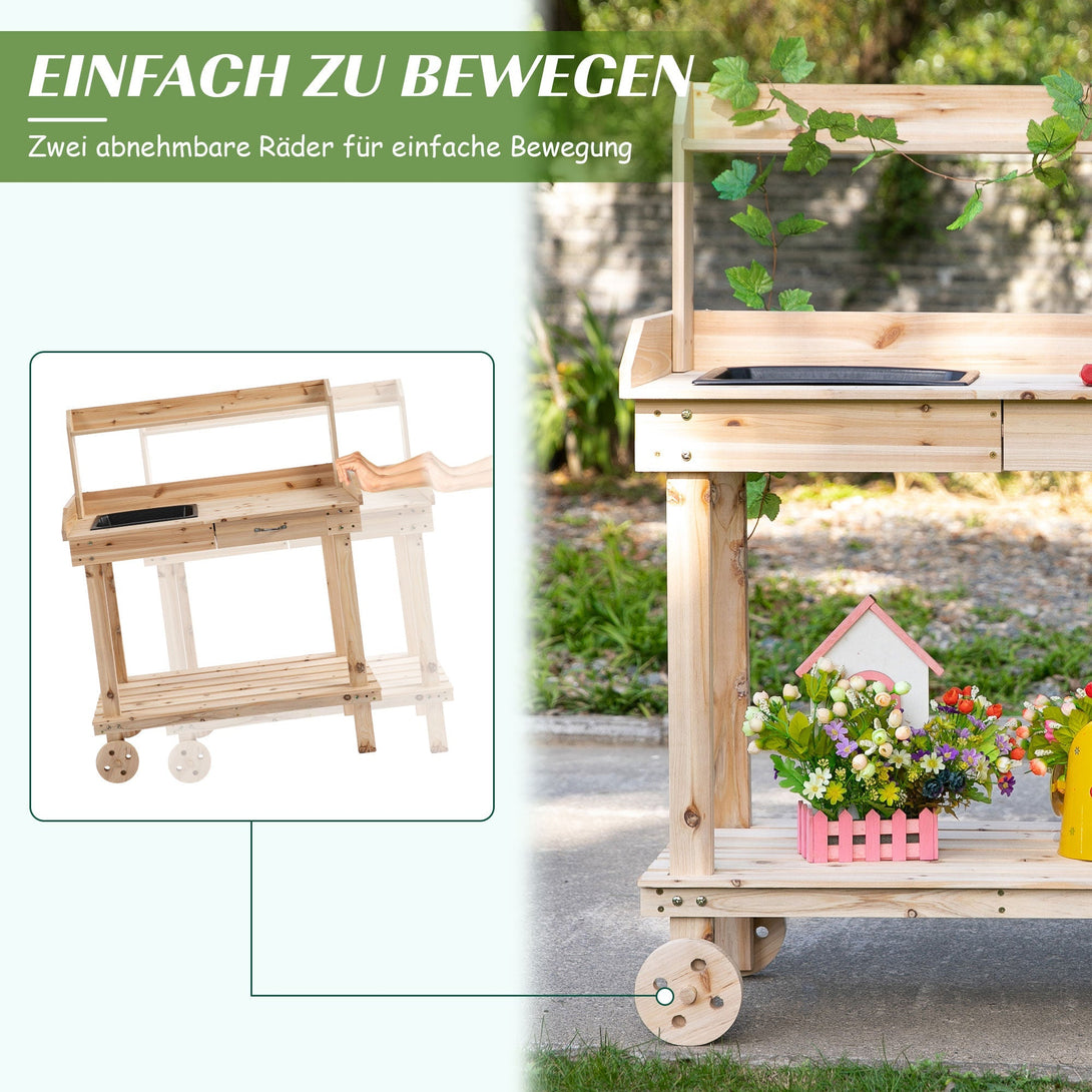 Ültetőasztal fiókkal, 2 szintes kertészasztal mosdókagylóval és kerekekkel 92x45x119 cm-VASBÚTOR
