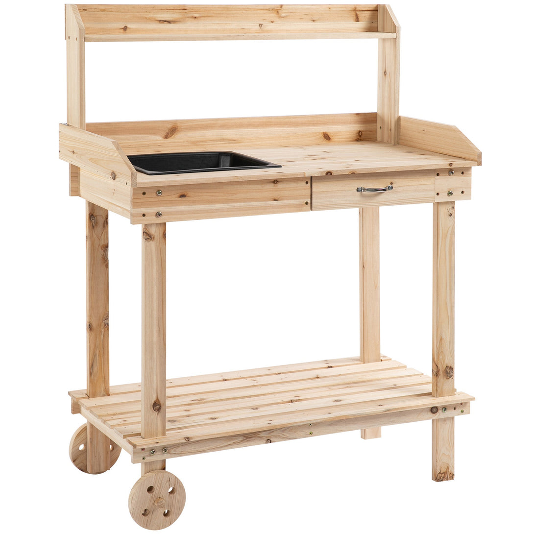 Ültetőasztal fiókkal, 2 szintes kertészasztal mosdókagylóval és kerekekkel 92x45x119 cm-VASBÚTOR
