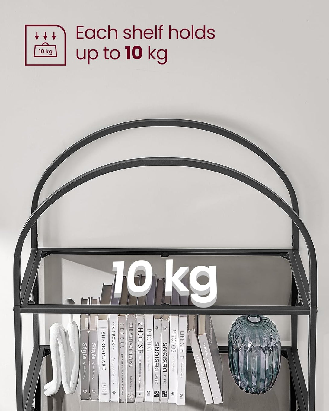 Üvegpolc, 5 szintes polc, íves kialakítással, 30,2 x 83 x 183,5 cm, fekete-szürke-VASBÚTOR