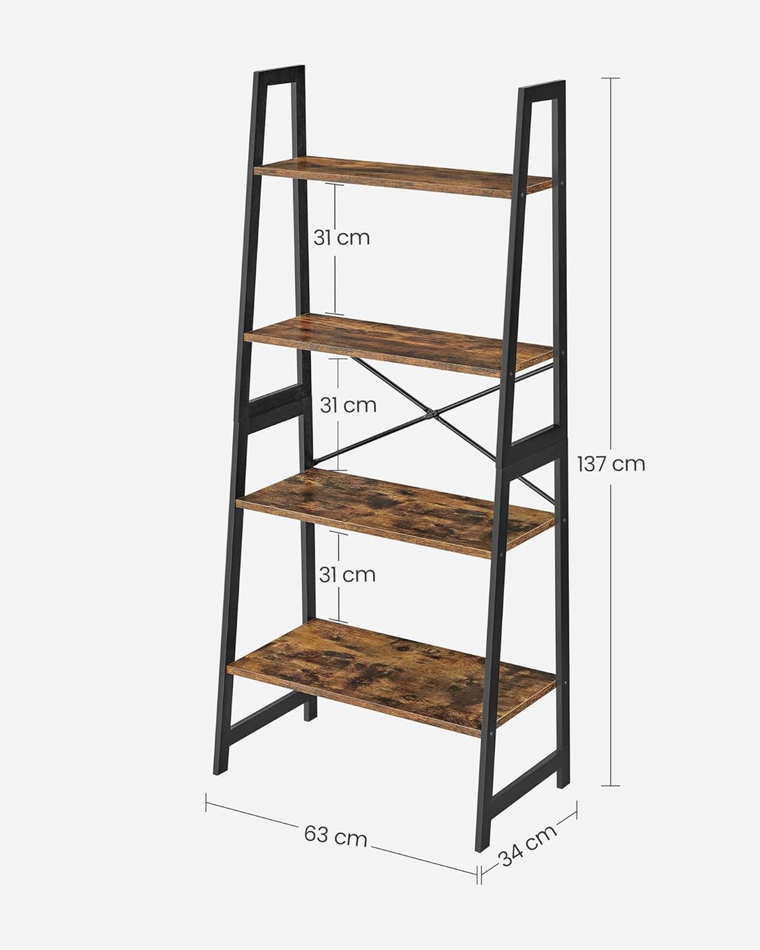VASAGLE 4 szintes könyvespolc rusztikus barna és fekete színben, 63 x 34 x 137 cm-VASBÚTOR